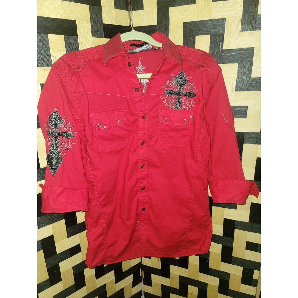 Lamasini Embroidered Cross Shirt Western Style 3/4 Sleeve Red Small